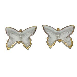 Vintage Set of 2 Butterfly Trinket Dishes 4.5 x 4 Clear Glass Gold Trim